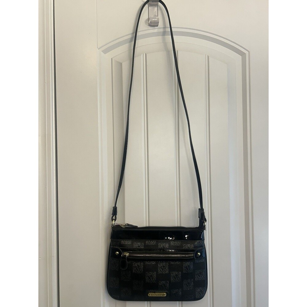 Anne Klein Black Signature Checkered Crossbody Purse Patent Trim Gold Zip Pocket - Picture 7 of 13